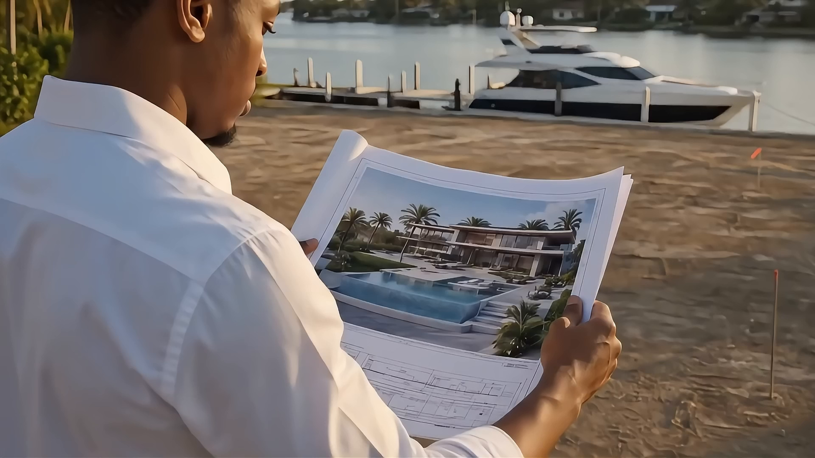 Odane Brown reviewing architectural plans at a construction site